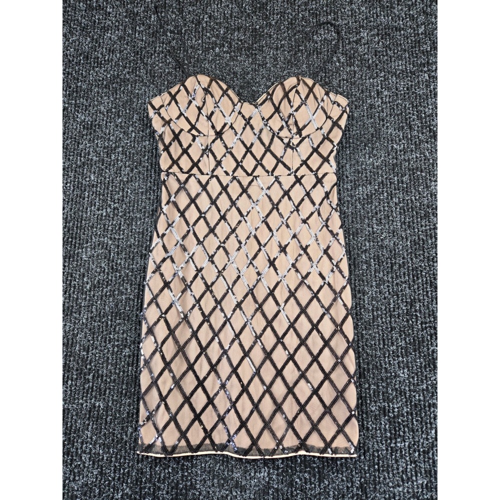 Oh Polly Nude Black Silver Sequin Diamond Lattice Mini Dress Womens 4 Sweetheart